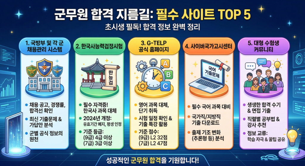 군무원 합격 지름길: 필수 사이트 TOP 5 목록을 보여주는 인포그래픽. 각 사이트의 주요 기능 및 특징이 아이콘과 함께 설명되어 있음.